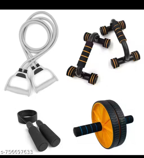6-in-1 Home Gym Combo Set – Tummy Trimmer, Push-Up Bars, Hand Gripper, Resistance Tube, Skipping Rope & Ab Roller for Full Body Workout